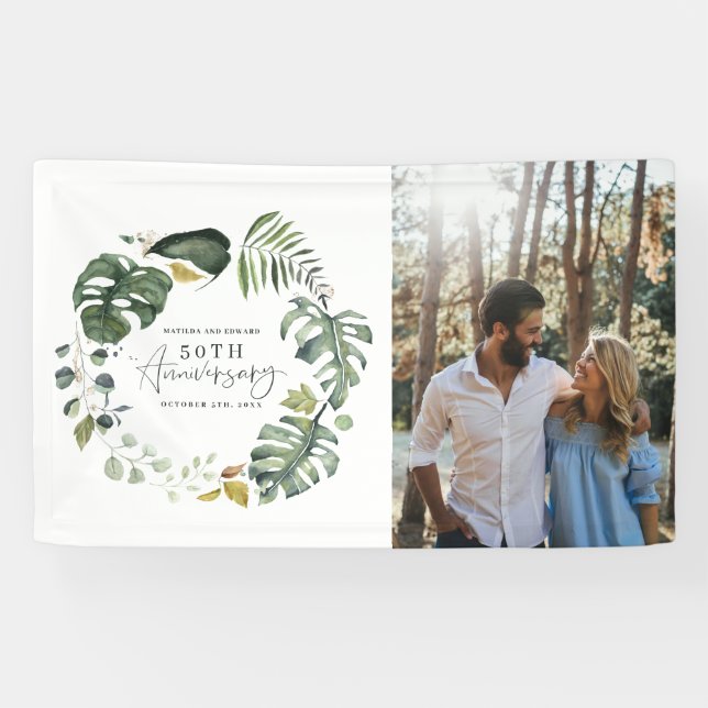 Watercolor foliage 50th wedding anniversary party banner (Horizontal)