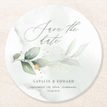 Watercolor foliage and gold wedding save the date round paper coaster<br><div class="desc">Etherial watercolor foliage and metallic gold effect wedding save the date invite. With beautiful watercolor details. This modern wedding invite is sure to set the style for your big day.</div>