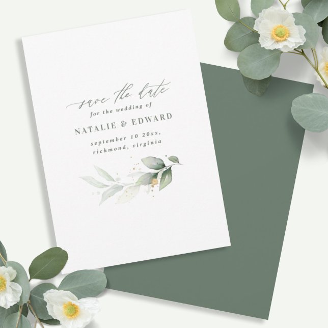 Watercolor foliage and metallic gold wedding save the date (Creator Uploaded)