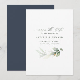 Watercolor foliage and metallic gold wedding save the date