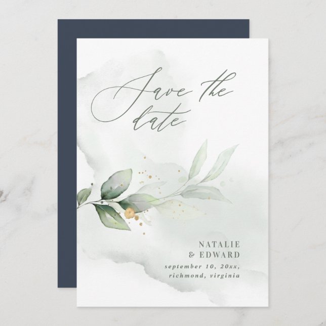 Watercolor foliage and metallic gold wedding save the date (Front/Back)