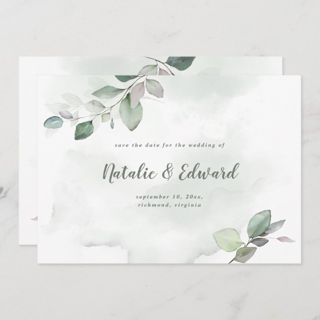 Watercolor foliage and metallic gold wedding save the date (Front/Back)