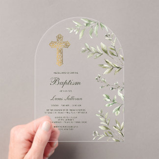 Watercolor Foliage Arch Baptism Acrylic Invitations