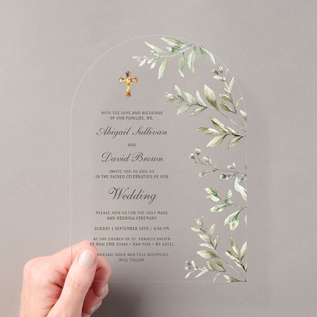 Watercolor Foliage Arch Religious Wedding Acrylic Invitations (Insitu (Handheld))