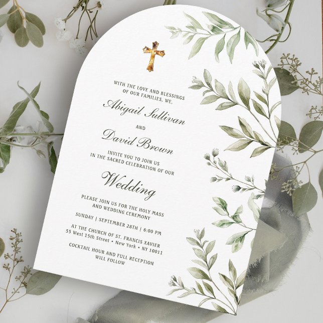 Watercolor Foliage Arch Religious Wedding Invitation (Creator Uploaded)