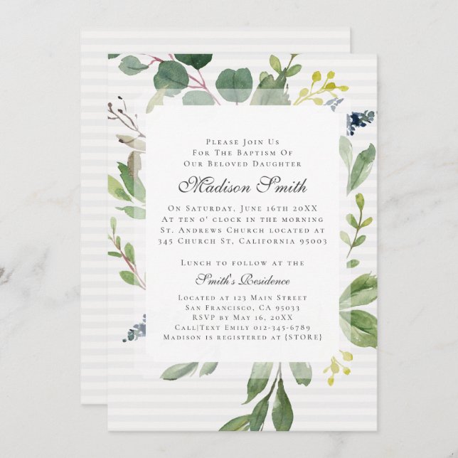 Watercolor Foliage Baptism Invitation (Front/Back)