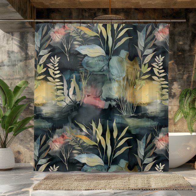 Watercolor Foliage Black Pink Yellow Abstract Shower Curtain (Creator Uploaded)