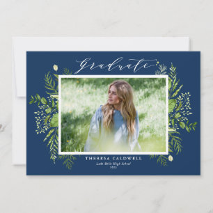 Watercolor Foliage Blue Photo Graduation Announcement