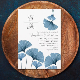 Watercolor Foliage Blue & White Gingko Wedding Invitation