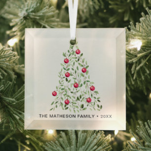 Watercolor Foliage Christmas Tree Personalised  Glass Tree Decoration