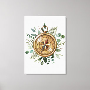 Watercolor Foliage Compass Canvas Print