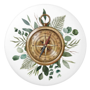 Watercolor Foliage Compass Ceramic Knob