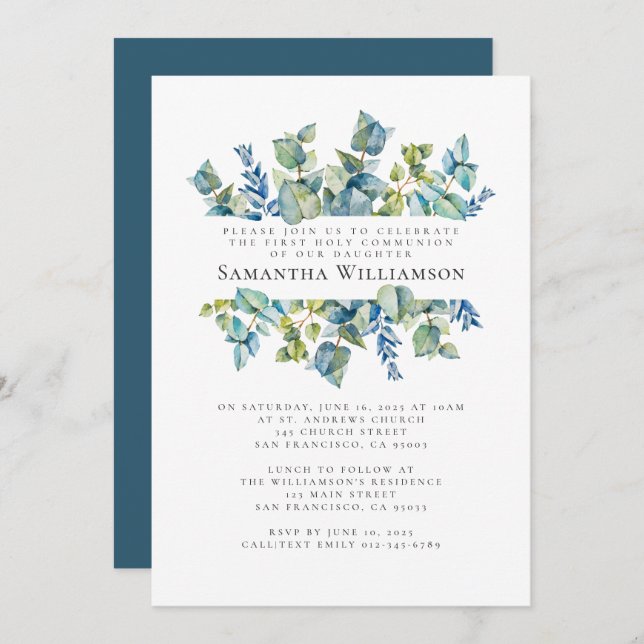 Watercolor Foliage First Holy Communion Invitation (Front/Back)