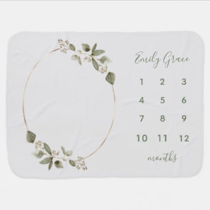 Watercolor Foliage Floral Botanical Milestone Baby Baby Blanket