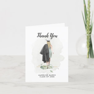 Watercolor Foliage Girl Graduation Photo Thank You Card
