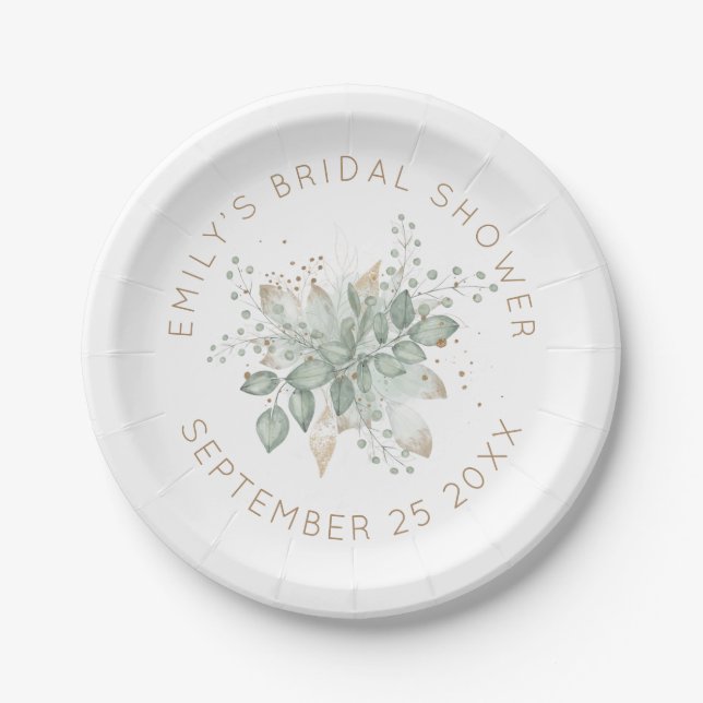 Watercolor Foliage Gold Sage Bridal Shower Paper P Plate (Front)