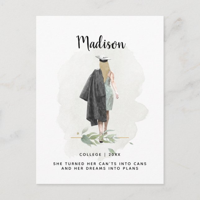 Watercolor Foliage Graduation Girl Announcement Postcard (Front)