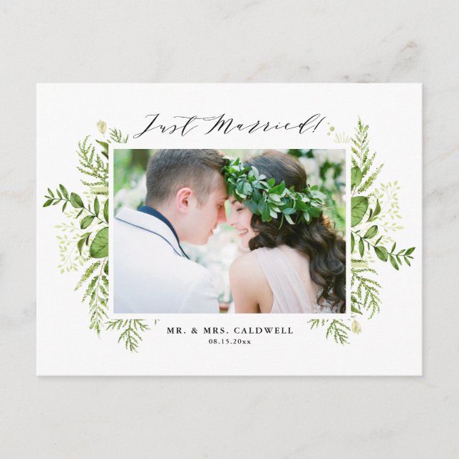 Watercolor Foliage Greenery Photo Just Married Announcement Postcard (Front)