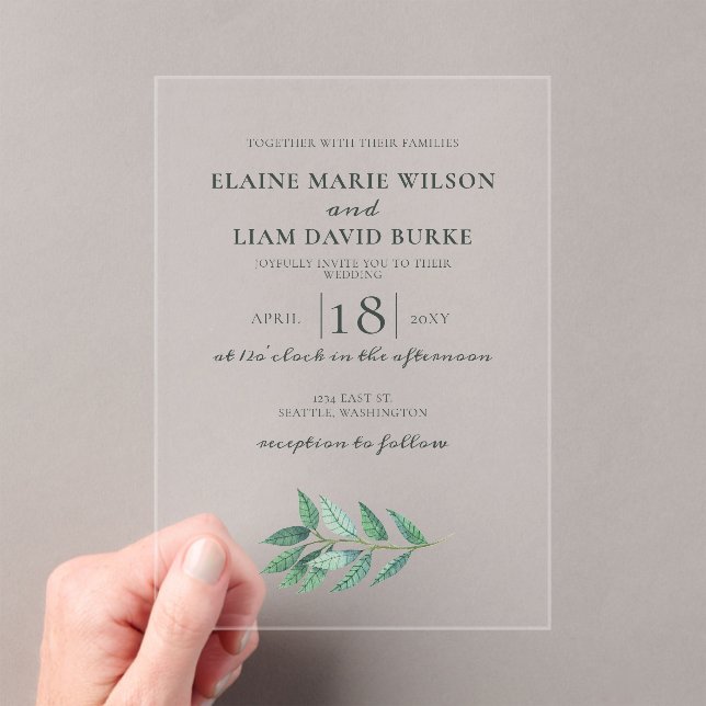 Watercolor Foliage Greenery Wedding Acrylic Invitations (Insitu (Handheld))