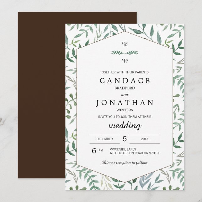 Watercolor Foliage Greenery Wedding Invitation (Front/Back)