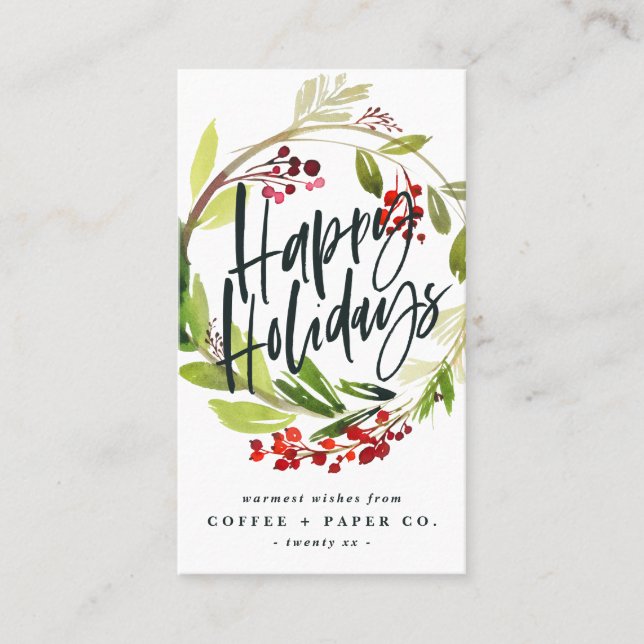 Watercolor foliage happy holiday Christmas Business Card (Front)