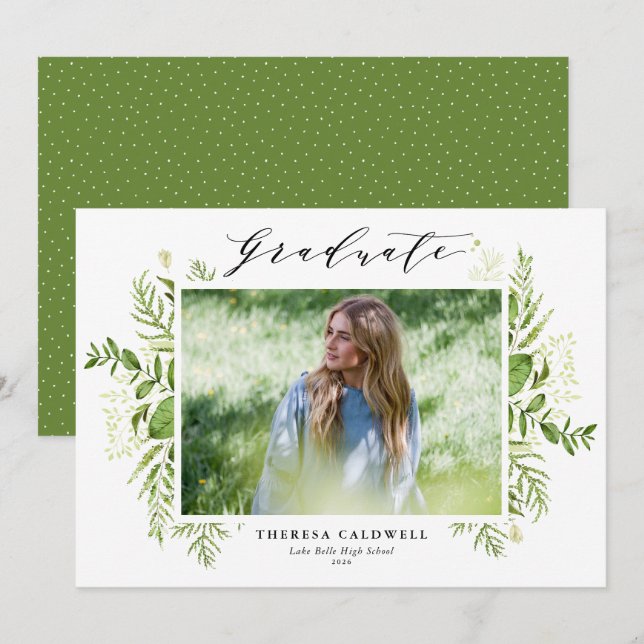 Watercolor Foliage Horizontal Photo Graduation Announcement (Front/Back)