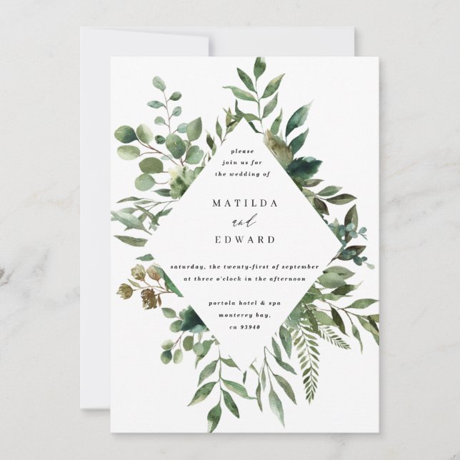 Watercolor foliage leaf botanical wedding invite (Front)