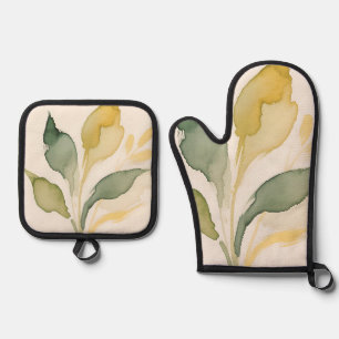 Watercolor Foliage Leaves Sage Gold Oven Mitt & Pot Holder Set