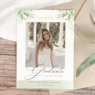 Watercolor Foliage Leaves Script Photo Graduation Announcement