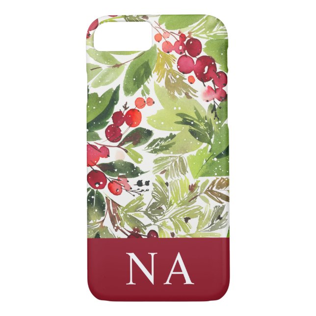 Watercolor foliage monogram initial Christmas Case-Mate iPhone Case (Back)