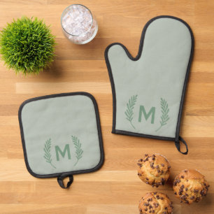 Watercolor Foliage Monogram Modern Girly Custom Oven Mitt & Pot Holder Set