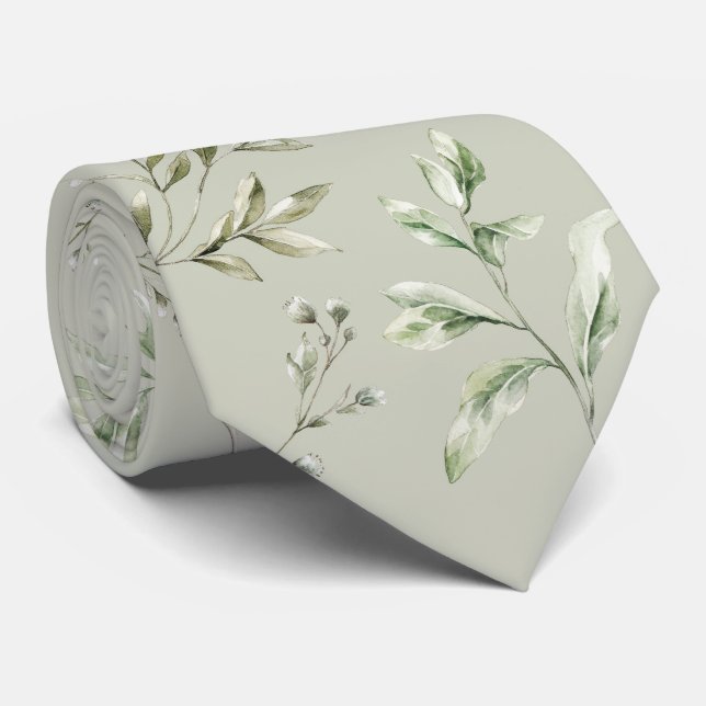 Watercolor foliage on grey green neck tie (Rolled)