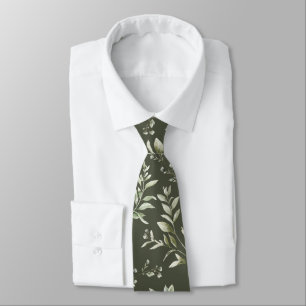 Watercolor foliage on olive green neck tie