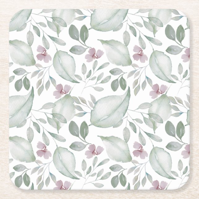 Watercolor foliage pattern greenery  square paper coaster (Front)