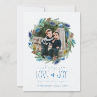 Watercolor Foliage Peacock Feather Wreath Photo Holiday Card