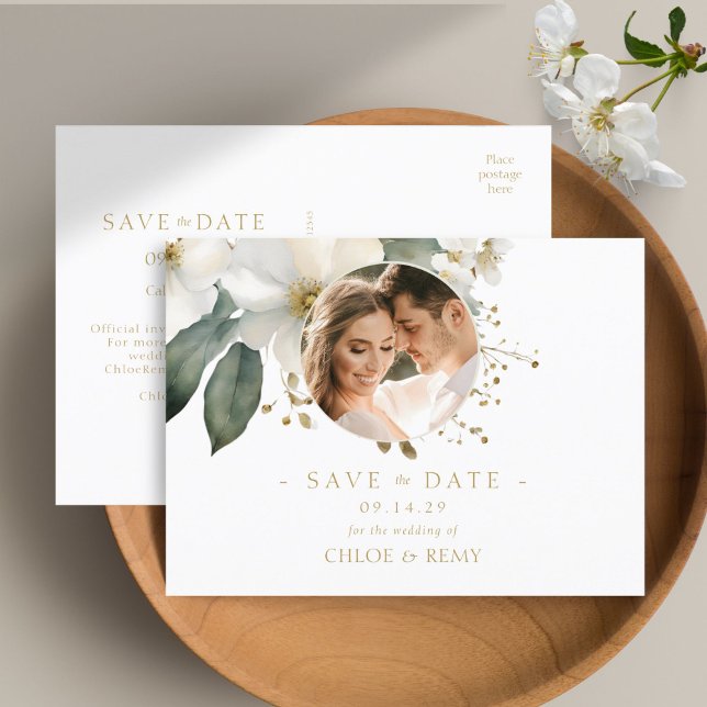 Watercolor Foliage Photo Wedding Save the Date Postcard (Creator Uploaded)