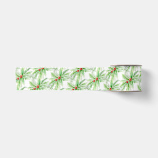 Watercolor foliage red Christmas art pattern Satin Ribbon