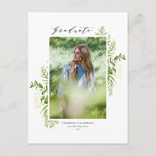 Watercolor Foliage Vertical Photo Graduation Announcement Postcard (Front)