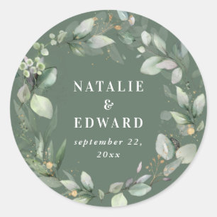 Watercolor foliage wedding favour classic round sticker