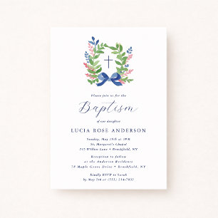 Watercolor Foliage Wreath Blue Bow Baptism  Invitation