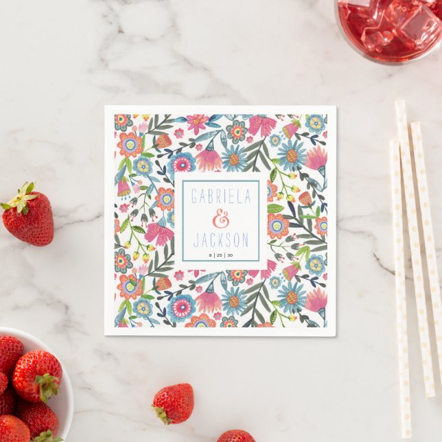 Watercolor Folk Floral personalised name Napkin (Insitu)
