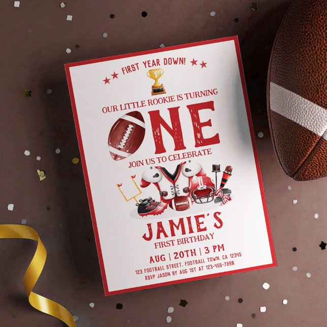 Watercolor Football All Star Red 1st Birthday Invitation (Creator Uploaded)