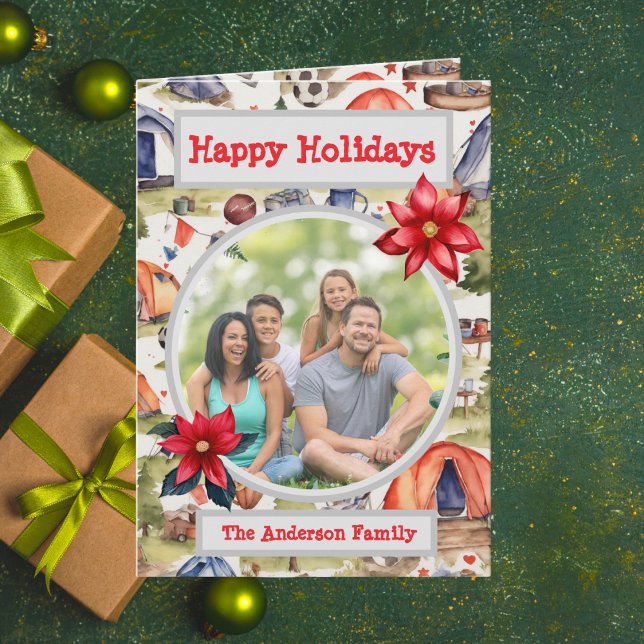 Watercolor Football Camping Family Photo Holiday Card (Creator Uploaded)
