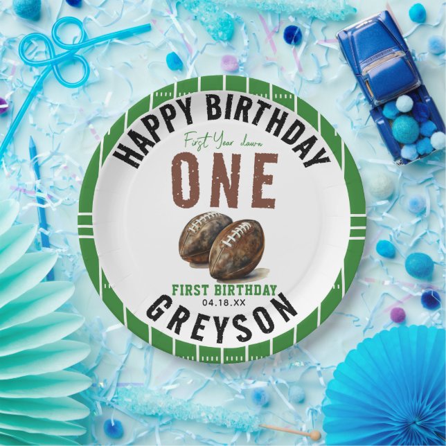 Watercolor Football First Year Down | 1st Birthday Paper Plate (Party)