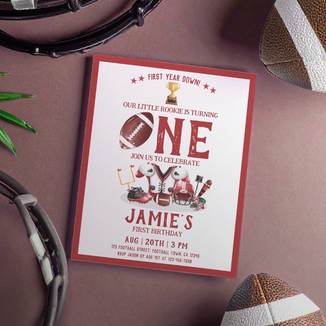 Watercolor Football Red Cheap 1st Birthday Invite (Creator Uploaded)