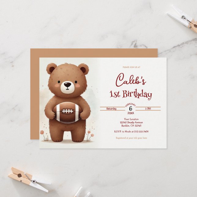 Watercolor Football Teddy Bear 1st Birthday Party Invitation (Front/Back In Situ)