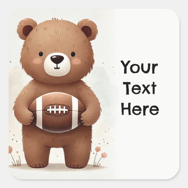 Watercolor Football Teddy Bear 1st Birthday Party Square Sticker (Front)