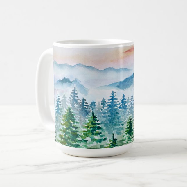 Watercolor forest and mountains coffee mug (Front Left)