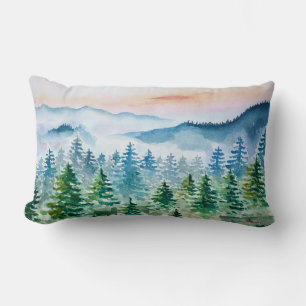 Watercolor forest and mountains lumbar cushion