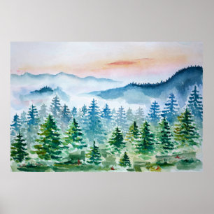 Watercolor forest and mountains poster
